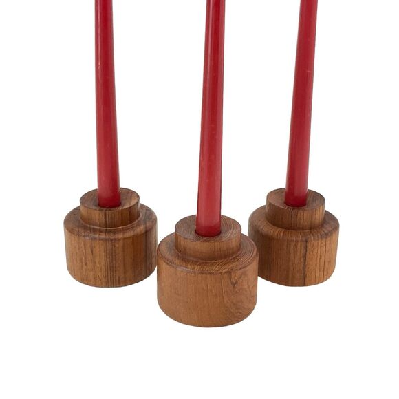 Mid Century Modern Vintage TEAK Wood Round Candle Holders Minimalist Set Of 3 - Picture 1 of 9